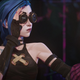 Jinx stares at a piece of splintered wood in Arcane, the League of Legends show.